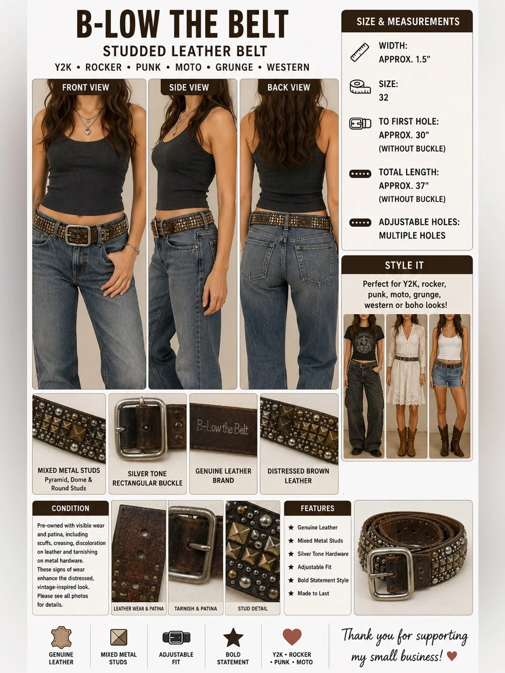 B-Low The Belt Size 32 Brown Leather Mixed Metal Studded Pyramid Rocker Belt